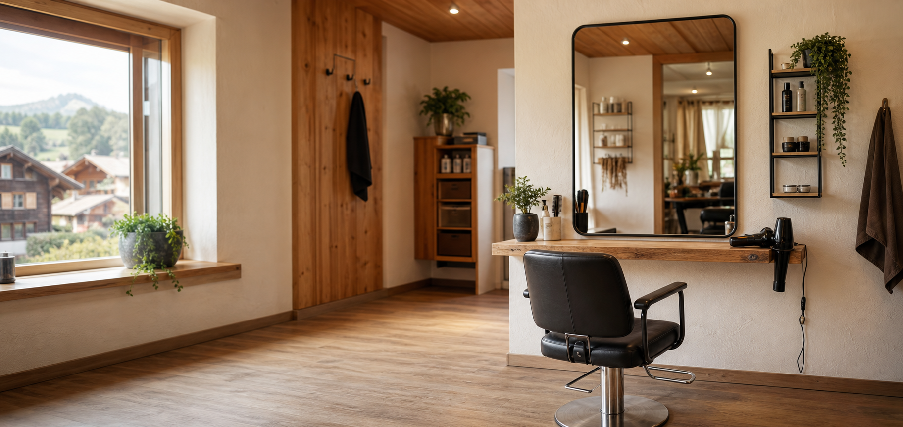 Gemütlicher Coiffeur-Salon mit Stylingstuhl und Spiegel